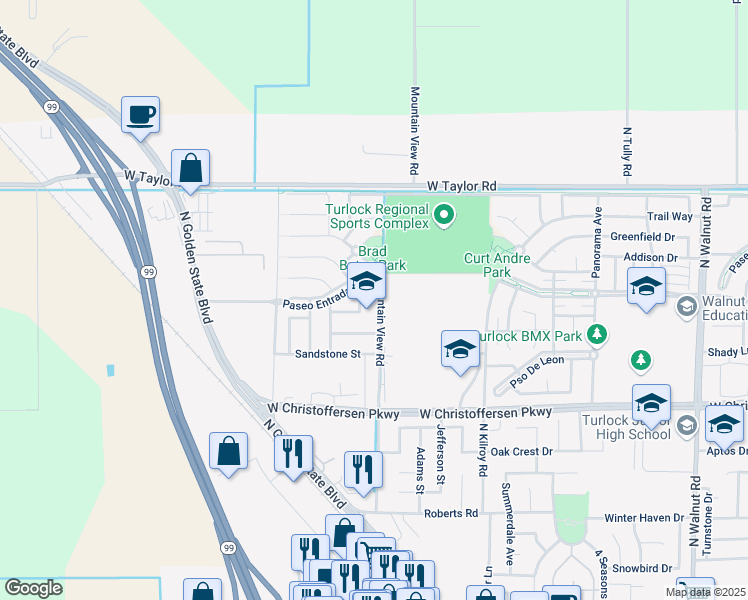 map of restaurants, bars, coffee shops, grocery stores, and more near in Turlock