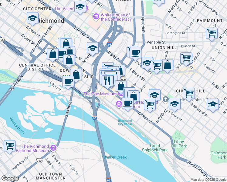 map of restaurants, bars, coffee shops, grocery stores, and more near 1810 East Main Street in Richmond