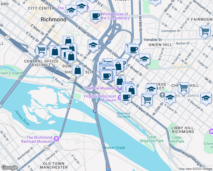 map of restaurants, bars, coffee shops, grocery stores, and more near 1729 East Main Street in Richmond