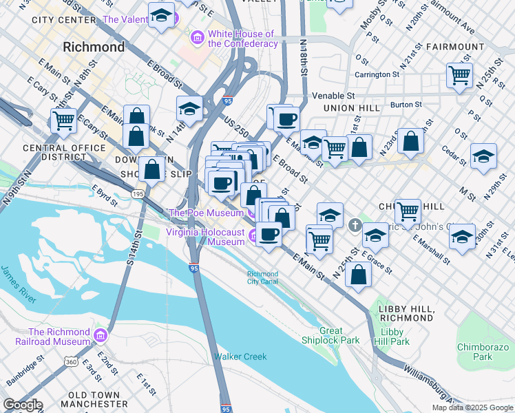 map of restaurants, bars, coffee shops, grocery stores, and more near 1901 East Franklin Street in Richmond