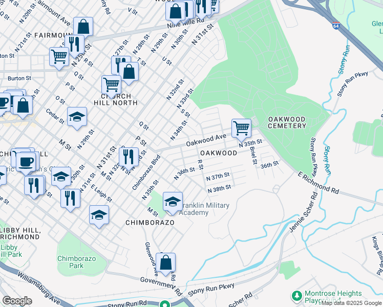 map of restaurants, bars, coffee shops, grocery stores, and more near 1112 North 35th Street in Richmond
