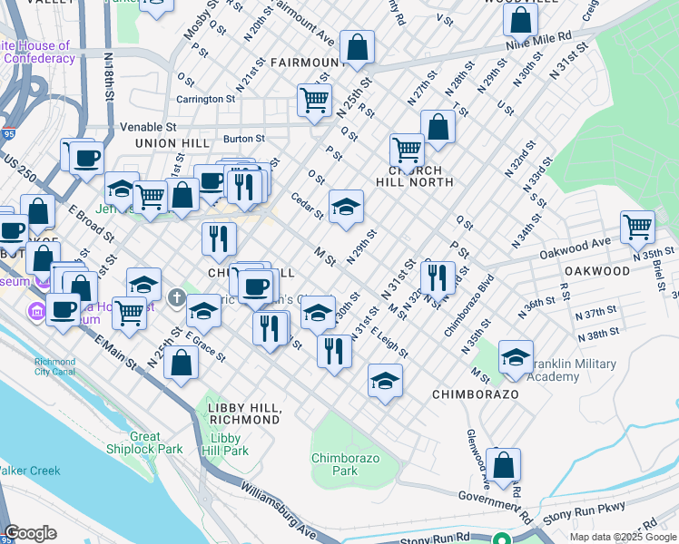 map of restaurants, bars, coffee shops, grocery stores, and more near 638 North 29th Street in Richmond