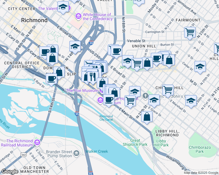 map of restaurants, bars, coffee shops, grocery stores, and more near 1914 East Franklin Street in Richmond