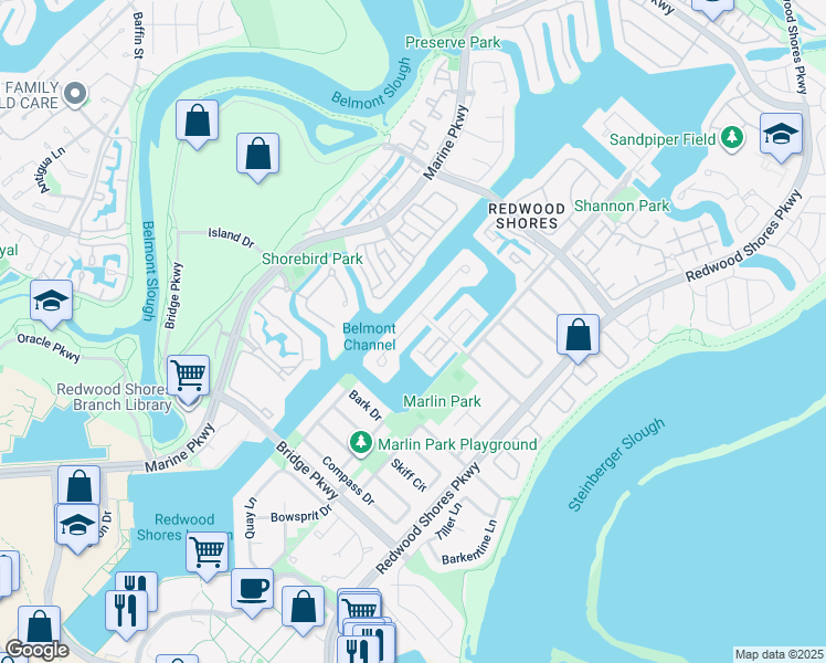 map of restaurants, bars, coffee shops, grocery stores, and more near 588 Marlin Court in Redwood City