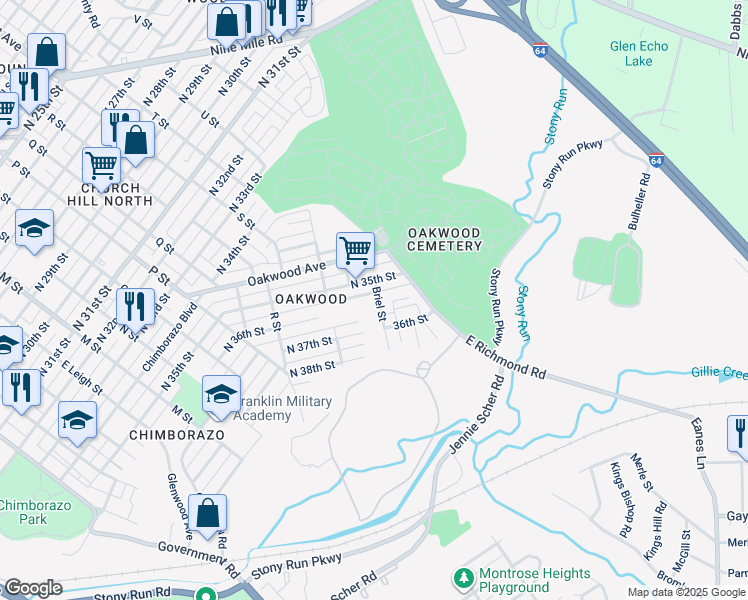 map of restaurants, bars, coffee shops, grocery stores, and more near 3512 Briel Street in Richmond