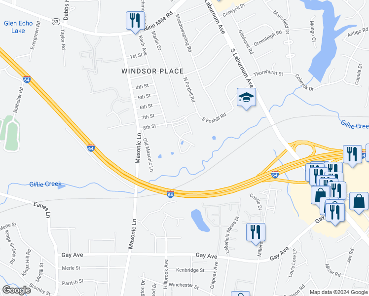 map of restaurants, bars, coffee shops, grocery stores, and more near 4404 Foxtail Lane in Richmond