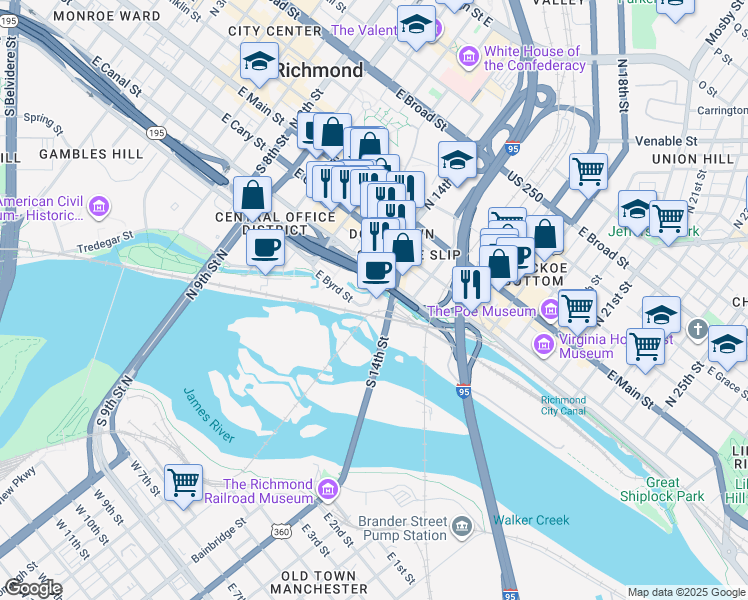 map of restaurants, bars, coffee shops, grocery stores, and more near 301 Virginia Street in Richmond