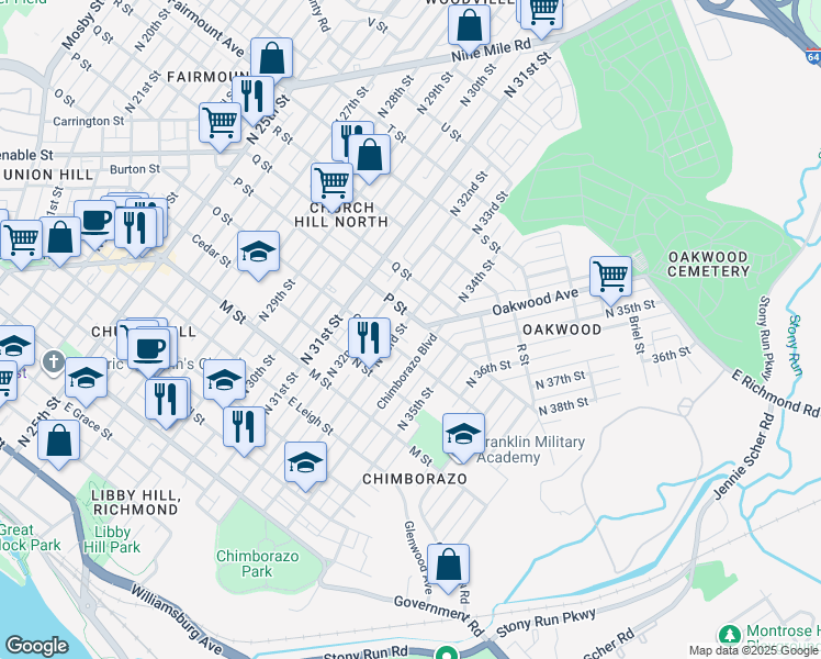 map of restaurants, bars, coffee shops, grocery stores, and more near 921 North 33rd Street in Richmond