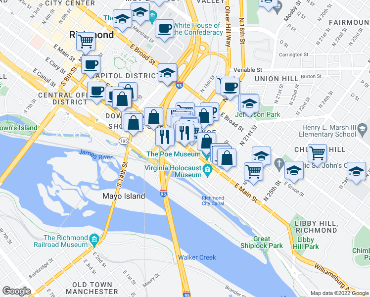 map of restaurants, bars, coffee shops, grocery stores, and more near 1727 East Main Street in Richmond