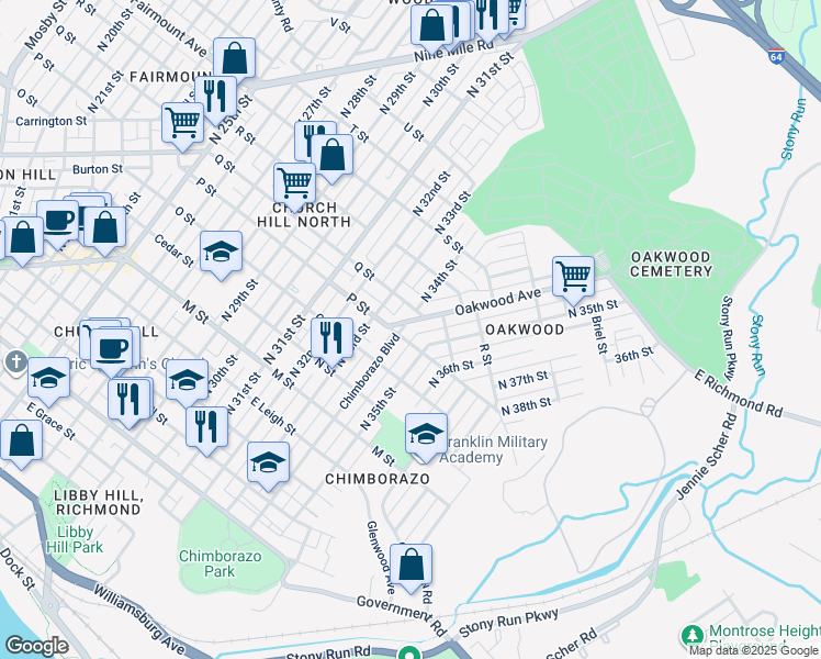 map of restaurants, bars, coffee shops, grocery stores, and more near 1005 Chimborazo Boulevard in Richmond