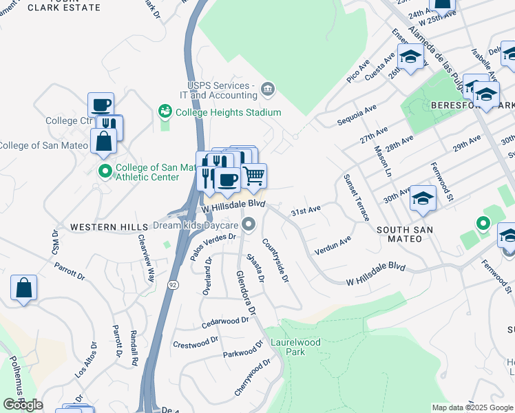 map of restaurants, bars, coffee shops, grocery stores, and more near 3200 Countryside Drive in San Mateo
