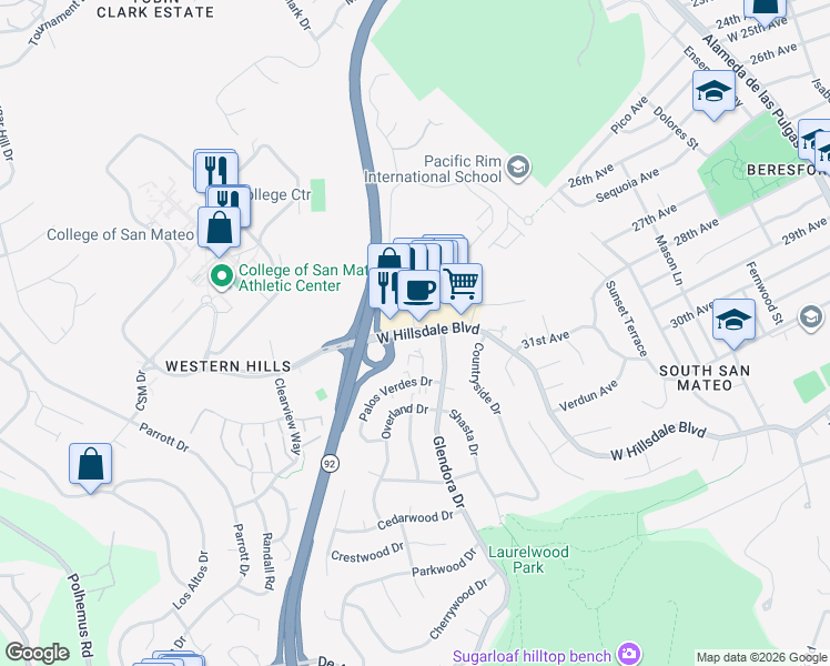 map of restaurants, bars, coffee shops, grocery stores, and more near West Hillsdale Boulevard & Campus Drive in San Mateo