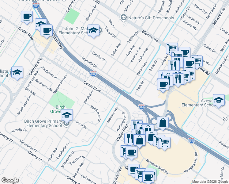 map of restaurants, bars, coffee shops, grocery stores, and more near 38509 Amaranto Street in Newark