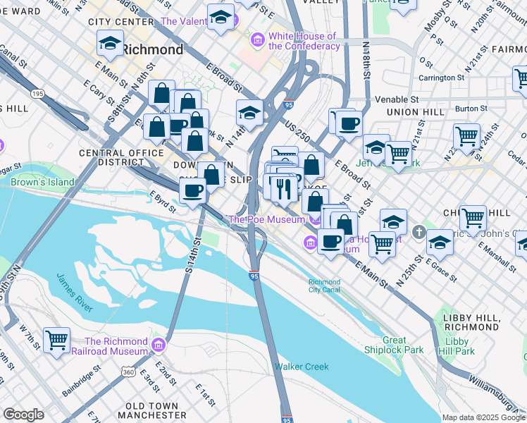 map of restaurants, bars, coffee shops, grocery stores, and more near 1711 East Main Street in Richmond