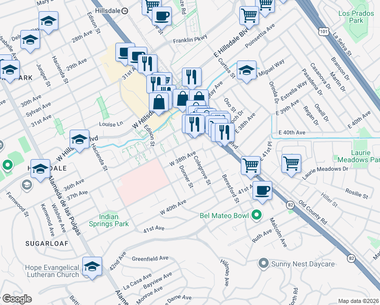 map of restaurants, bars, coffee shops, grocery stores, and more near 14 Colegrove Court in San Mateo