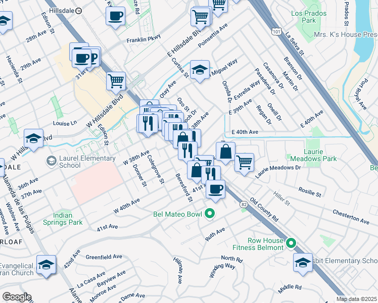 map of restaurants, bars, coffee shops, grocery stores, and more near 3925 South El Camino Real in San Mateo