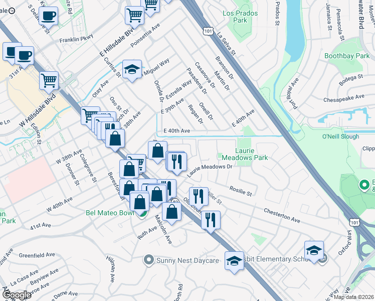 map of restaurants, bars, coffee shops, grocery stores, and more near 4195 George Avenue in San Mateo