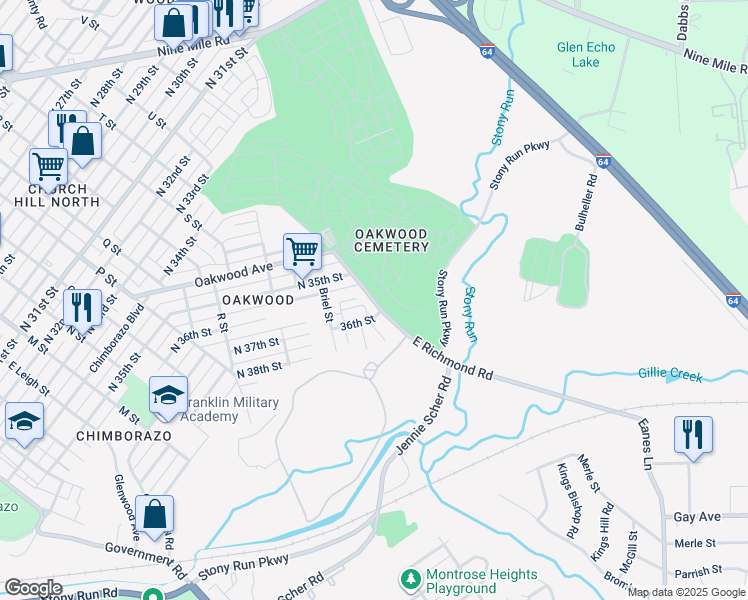 map of restaurants, bars, coffee shops, grocery stores, and more near 3506 East Richmond Road in Richmond