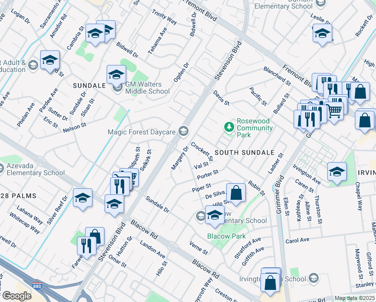 map of restaurants, bars, coffee shops, grocery stores, and more near 4566 Margery Drive in Fremont