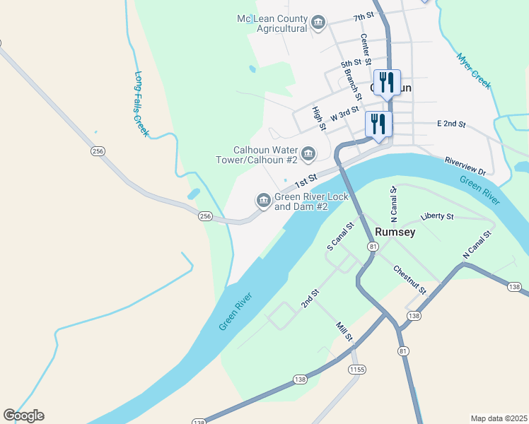 map of restaurants, bars, coffee shops, grocery stores, and more near 687 1st Street in Calhoun