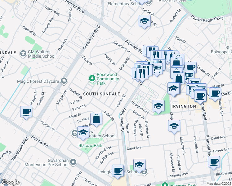 map of restaurants, bars, coffee shops, grocery stores, and more near 4407 Gina Street in Fremont
