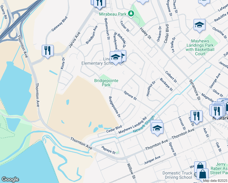 map of restaurants, bars, coffee shops, grocery stores, and more near 36342 Bridgepointe Drive in Newark