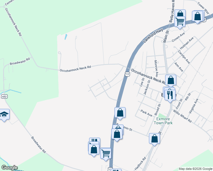 map of restaurants, bars, coffee shops, grocery stores, and more near 3261 Thurgood Marshall Road in Exmore