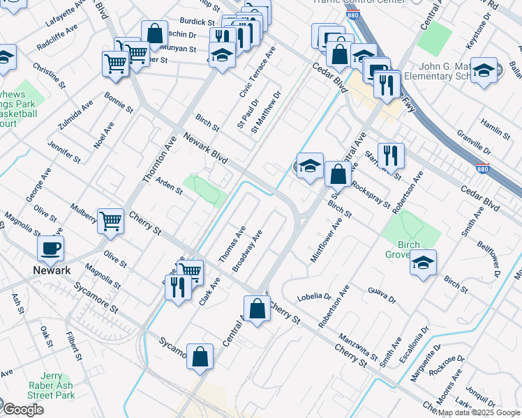 map of restaurants, bars, coffee shops, grocery stores, and more near 6176 Thomas Avenue in Newark
