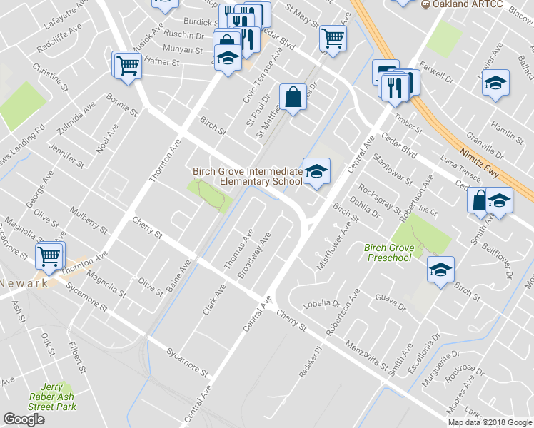 map of restaurants, bars, coffee shops, grocery stores, and more near 6176 Thomas Avenue in Newark