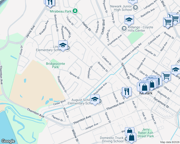 map of restaurants, bars, coffee shops, grocery stores, and more near 7728 Hazelnut Drive in Newark