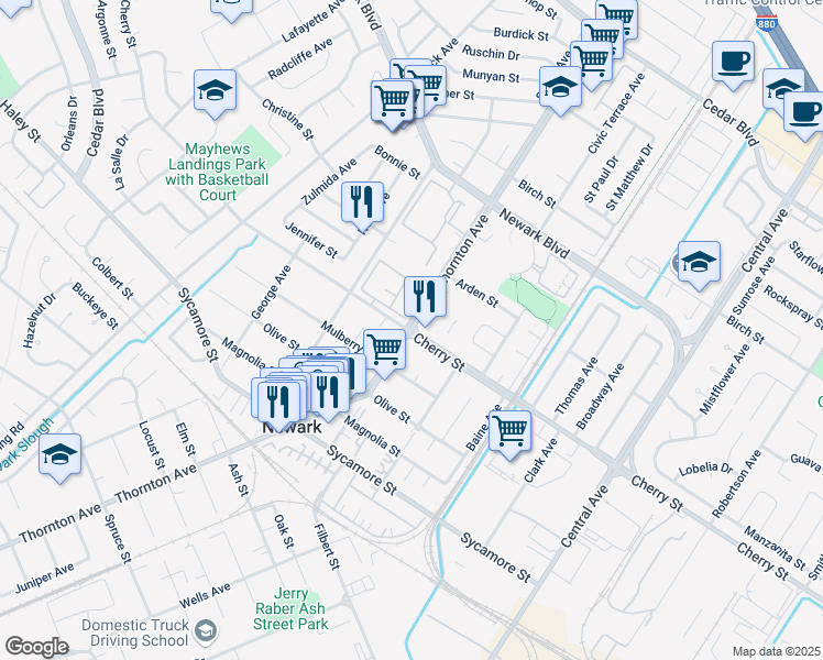 map of restaurants, bars, coffee shops, grocery stores, and more near Thornton Avenue & Cherry Street in Newark