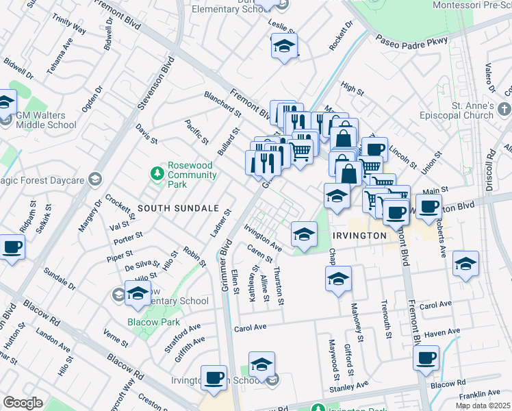 map of restaurants, bars, coffee shops, grocery stores, and more near 40749 Grimmer Boulevard in Fremont