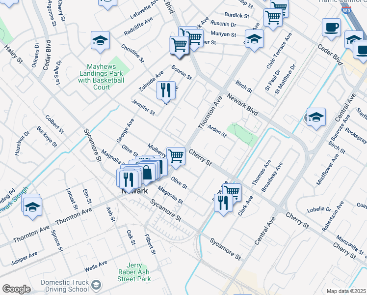 map of restaurants, bars, coffee shops, grocery stores, and more near 6505 Thornton Avenue in Newark