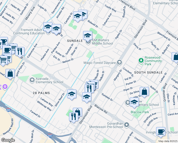 map of restaurants, bars, coffee shops, grocery stores, and more near 4737 Boone Drive in Fremont