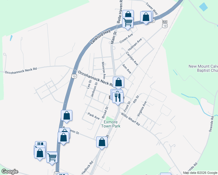 map of restaurants, bars, coffee shops, grocery stores, and more near 11624 Occohannock Neck Road in Exmore