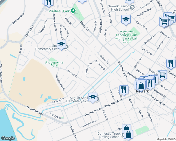 map of restaurants, bars, coffee shops, grocery stores, and more near 7728 Hazelnut Drive in Newark