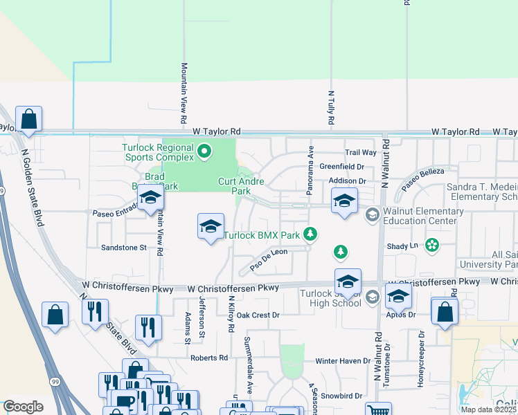map of restaurants, bars, coffee shops, grocery stores, and more near 2480 Paseo Del Sol in Turlock