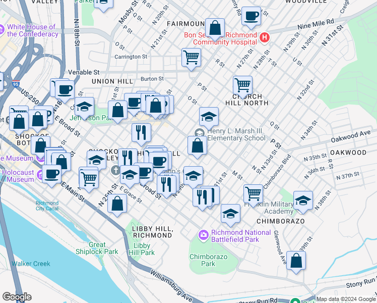 map of restaurants, bars, coffee shops, grocery stores, and more near 608 North 28th Street in Richmond