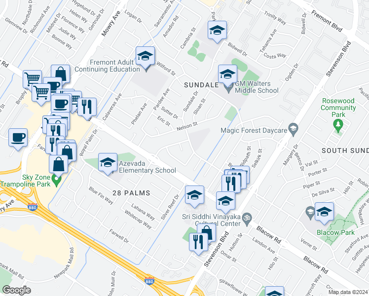 map of restaurants, bars, coffee shops, grocery stores, and more near 39636 Bliss Court in Fremont