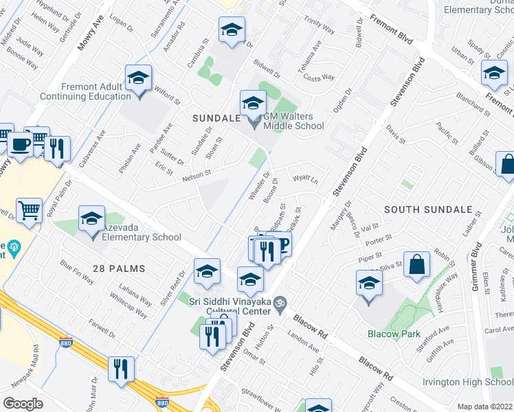 map of restaurants, bars, coffee shops, grocery stores, and more near 4737 Boone Drive in Fremont