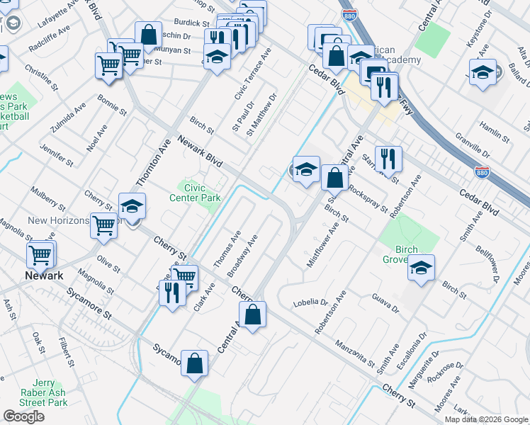 map of restaurants, bars, coffee shops, grocery stores, and more near 6161 Broadway Avenue in Newark
