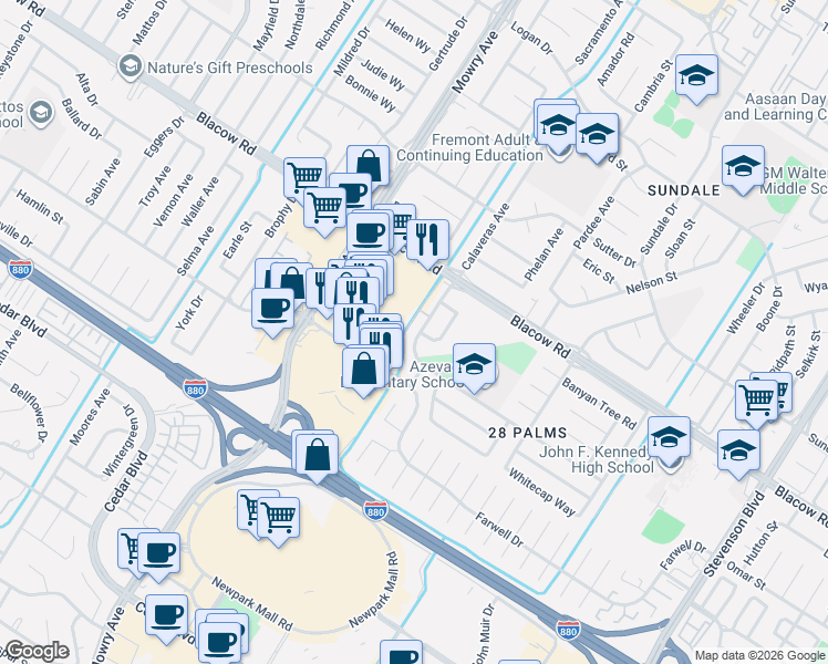 map of restaurants, bars, coffee shops, grocery stores, and more near 5101 Royal Palm Drive in Fremont