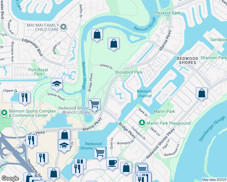 map of restaurants, bars, coffee shops, grocery stores, and more near 206 Shorebird Circle in Redwood City