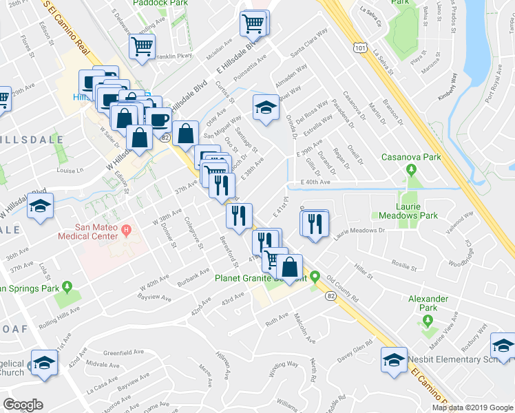 map of restaurants, bars, coffee shops, grocery stores, and more near 36 East 40th Avenue in San Mateo