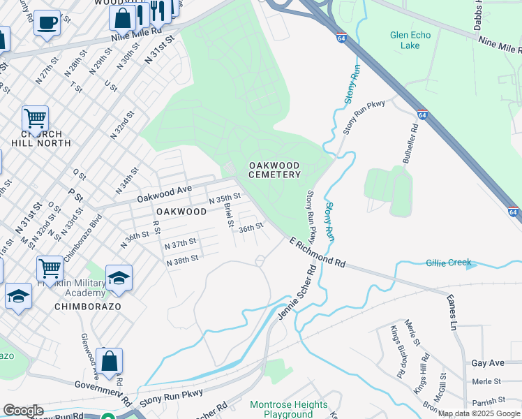 map of restaurants, bars, coffee shops, grocery stores, and more near 3506 East Richmond Road in Richmond
