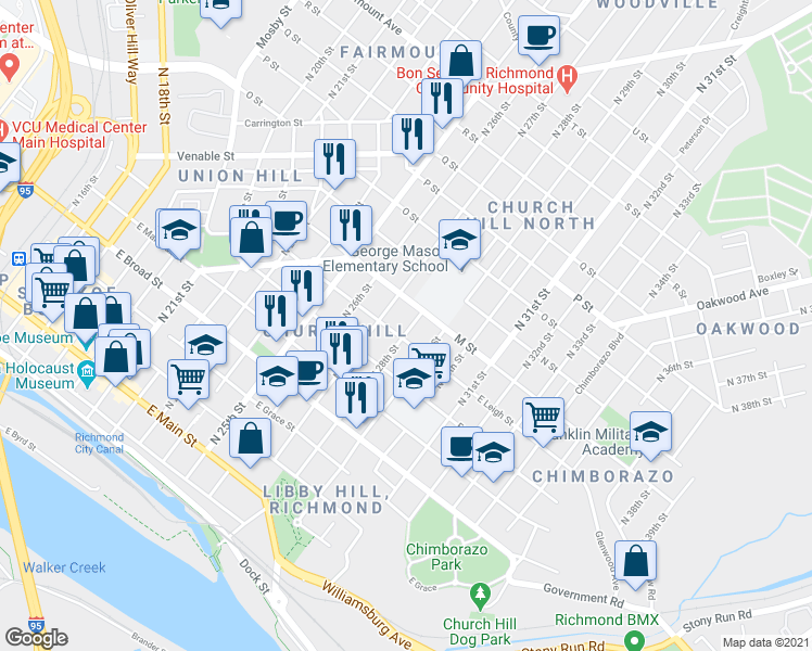 map of restaurants, bars, coffee shops, grocery stores, and more near 608 North 28th Street in Richmond