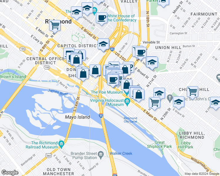 map of restaurants, bars, coffee shops, grocery stores, and more near 1711 East Main Street in Richmond