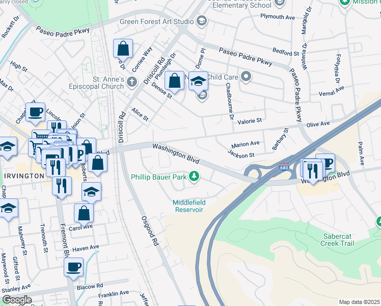 map of restaurants, bars, coffee shops, grocery stores, and more near 2785 Washington Boulevard in Fremont