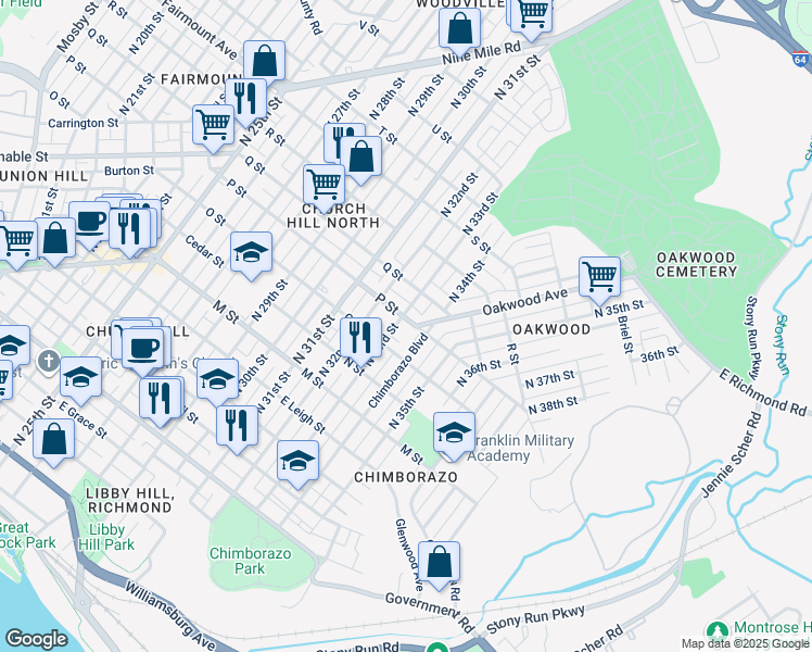 map of restaurants, bars, coffee shops, grocery stores, and more near 3305 P Street in Richmond