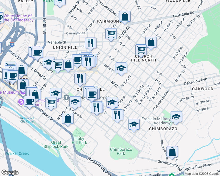 map of restaurants, bars, coffee shops, grocery stores, and more near 608 North 28th Street in Richmond
